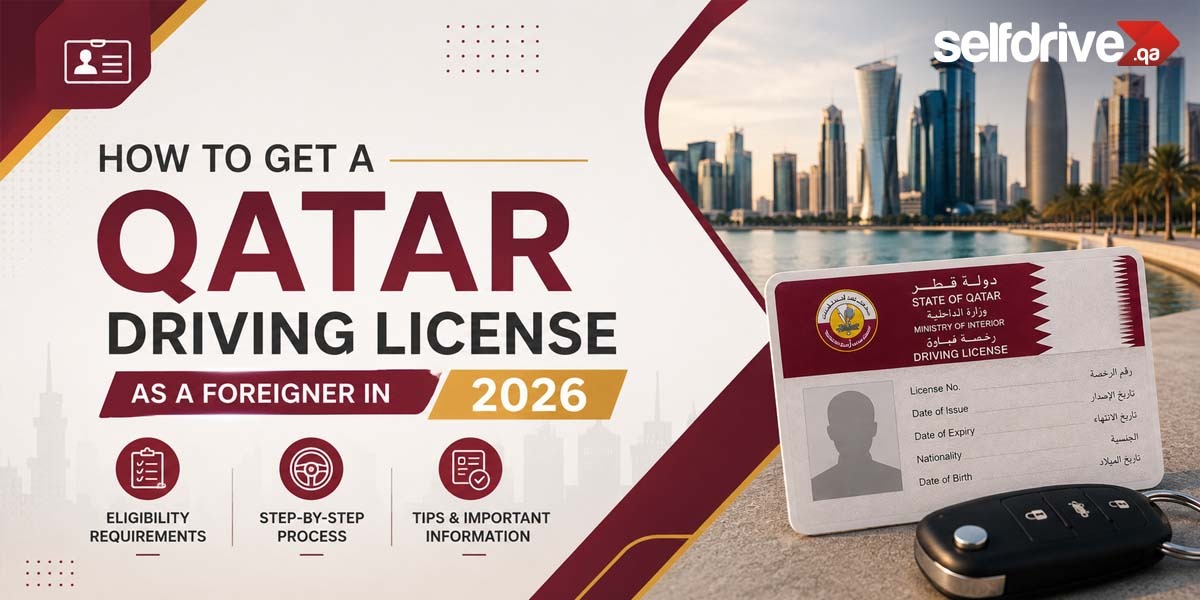 How to get a Qatar driving license as a foreigner in 2026. Includes a driving license image, a key fob, and a city skyline. Key topics: eligibility, process.